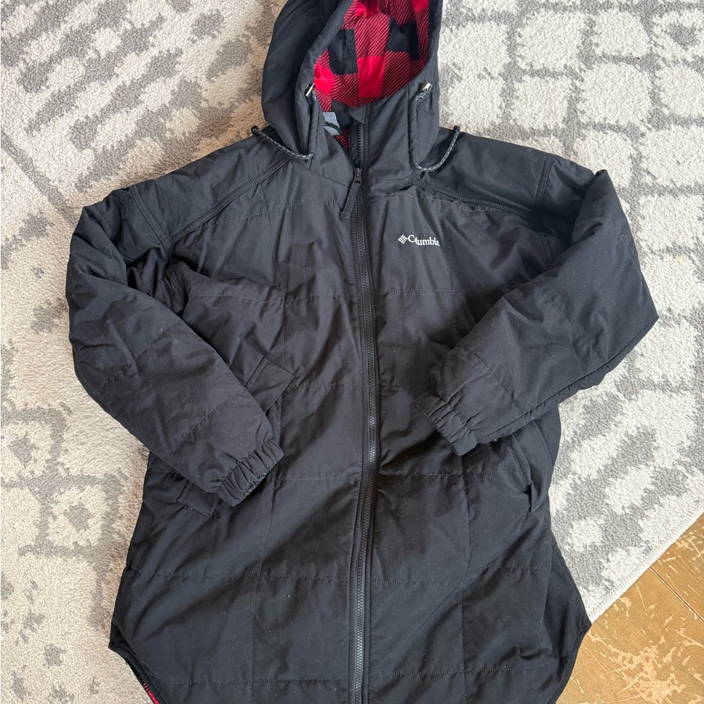 Columbia Black Jacket with Red Plaid Lining